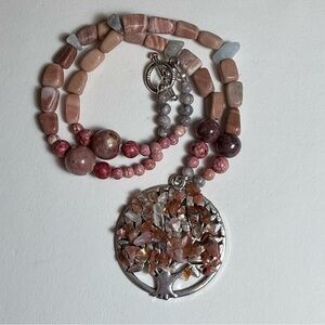 Handcrafted Pink Gemstone Tree of Life Beaded Necklace